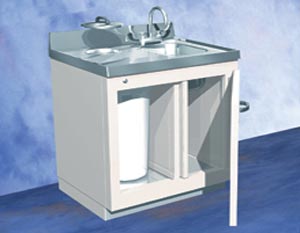 A lead-lined sink and waste cabinet